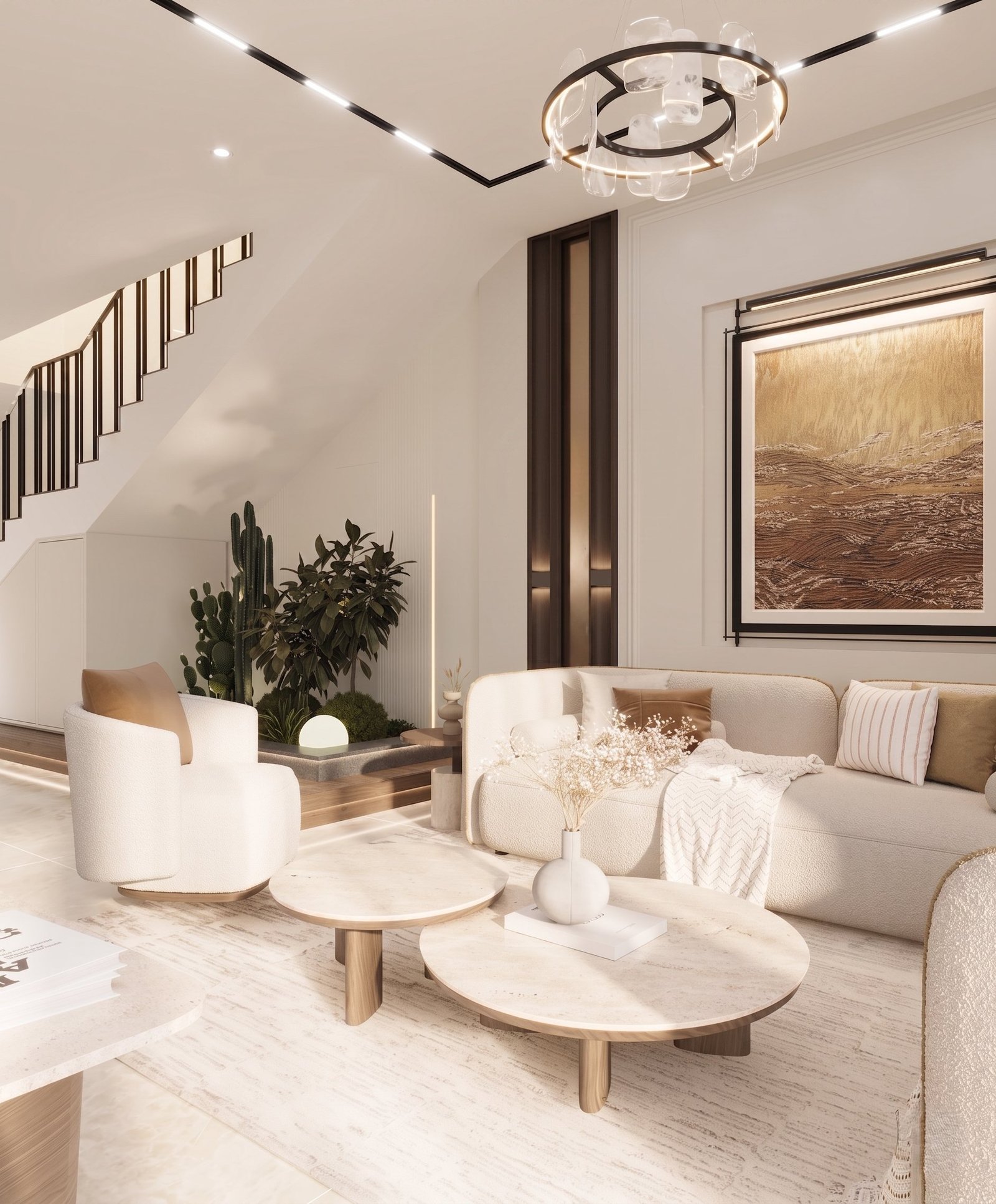 Warm neutral living room with curved seating and bronze accents